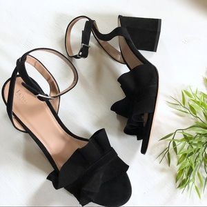 NEW LEWIT Lucina Black Suede Ankle Strap Feminine Ruffle Block Heel Sandals